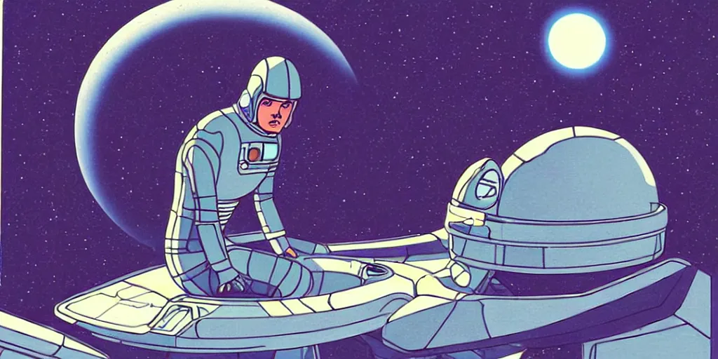 Image similar to a portrait of lonely single Alain Delon alone pilot in spacesuit posing in symmetrical spaceship station planet captain bridge outer worlds extraterrestrial hyper contrast well drawn in FANTASTIC PLANET La planète sauvage animation by René Laloux