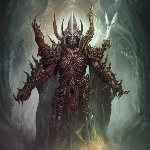 Image similar to diablo as the lich king, au naturel, hyper detailed, digital art, trending in artstation, cinematic lighting, studio quality, smooth render, unreal engine 5 rendered, octane rendered, art style by klimt and nixeu and ian sprigger and wlop and krenz cushart