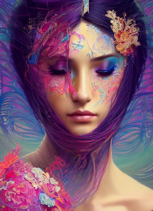 Image similar to beautiful young woman, gorgeous face, sad eyes, tears, cyberpunk, vaporwave aesthetic, synthwave, colorful, psychedelic, intricate, elegant, long beautiful flowing kimono, highly detailed, digital painting, artstation, concept art, smooth, sharp focus, illustration, art by artgerm and greg rutkowski and alphonse mucha