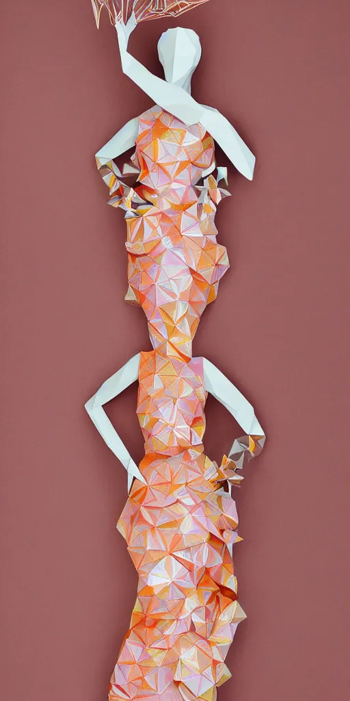 Prompt: portrait of a beautiful ceramic female tiger model wearing sakura and peach ( ( origami themed paper flower ) ) and metallic molded shaped gown, haute couture by issey miyake
