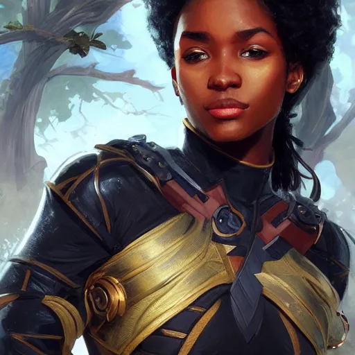 Image similar to portrait of an black female ranger, D&D, fantasy, highly detailed, digital painting, artstation, smooth, sharp focus, illustration, art by artgerm and greg rutkowski and alphonse mucha