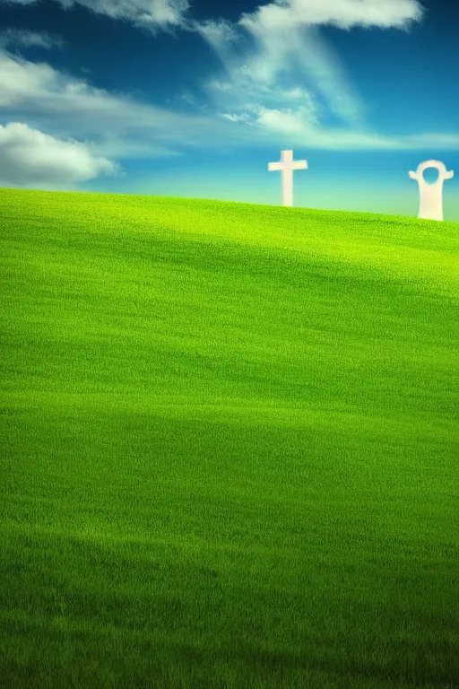 Image similar to windows xp bliss hills screensaver with a graveyard, with many gravestones