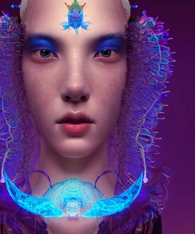 Image similar to symmetrical, centered, close-up portrait of goddess wearing crown made of betta fish, phoenix, bioluminiscent elements, intricate artwork by Tooth Wu and wlop and beeple. octane render, trending on artstation, greg rutkowski very coherent symmetrical artwork. cinematic, hyper realism, high detail, octane render, 8k