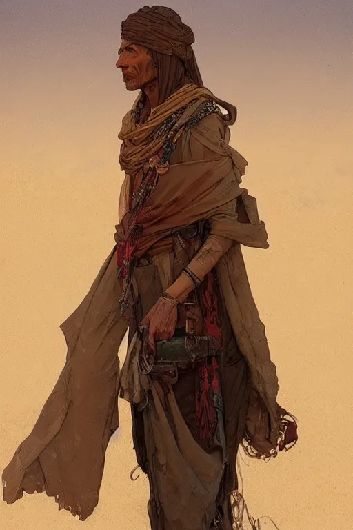 Image similar to a full body portrait of a beautiful post apocalyptic offworld desert bedouin blind beggar by the road, intricate, elegant, highly detailed, digital painting, artstation, concept art, smooth, sharp focus, illustration, art by krenz cushart and artem demura and alphonse mucha