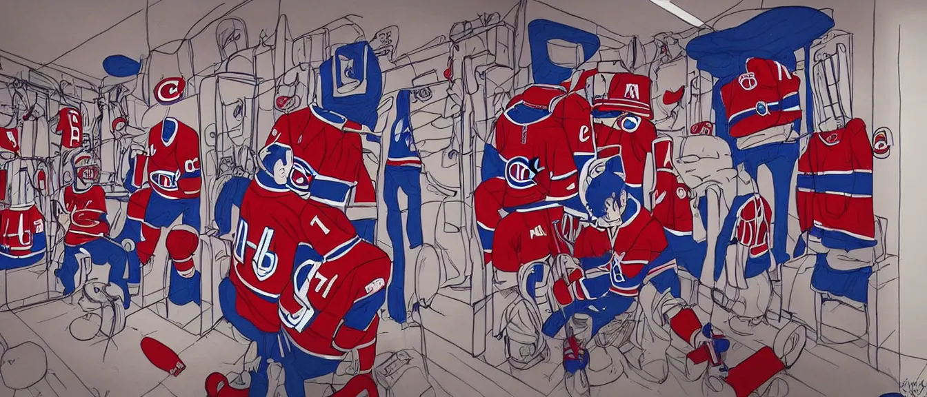 Image similar to montreal canadiens habs centre bell hockey dressing room, style of studio ghibli + moebius + basquiat, cute, detailed,