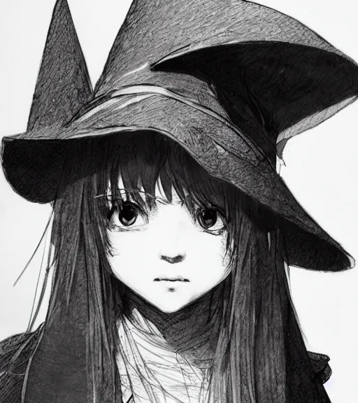 Image similar to portrait of little anime girl wearing witch hat, pen and ink, intricate line drawings, by craig mullins, ruan jia, kentaro miura, greg rutkowski, loundraw