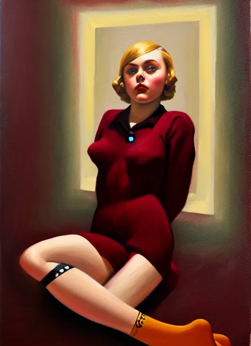 Image similar to oil painting of AnnaSophia Robb, stockings, WWII soldier uniform, frozen stare in a void room of existential maroon horror painted by John Singer Sargant, inspired by paintings of Francis Bacon and Bryan Lee O'Malley and Edward Hopper