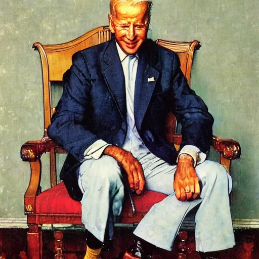 Prompt: a portrait painting by Norman Rockwell of Joe Biden sitting in a chair. Cozy fire. hands on arm rests. Legs apart