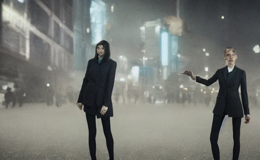 Image similar to a wide shot of a woman with a wool suit, very short hair, blurred face, wearing an omega speedmaster on her wrist in front of a crowded dystopian city full of people walking at night with fog and cyberpunk lights