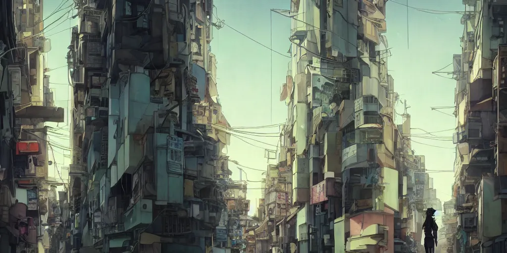 Prompt: a stylized 2 d cinematic keyframe of a ghost in the shell city, in a back alley, awe inspiring, joy gaze, cel - shaded, classical animation, edge - to - edge print, rendered by studio ghibli, artgerm, alyssa monks, andreas rocha, david kassan, neil blevins, rule of thirds, golden ratio, ambient lighting