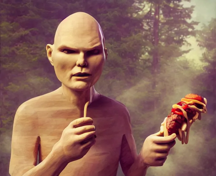 Image similar to a wooden sculpture of billy corgan eating a hotdog, digital art by studio ghibli and greg rutkowski, beautiful, cute, hyperrealism artstyle, amazing lighting