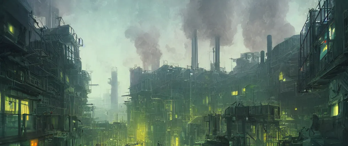 Image similar to dystopian city of factories, lots of smoke rising from chimneys, concept art, digital painting, style of jordan grimmer, dark green lighting, futuristic, volumetric lighting, view from below, symmetrical, vivid colours, bright, daytime, godrays, high detail