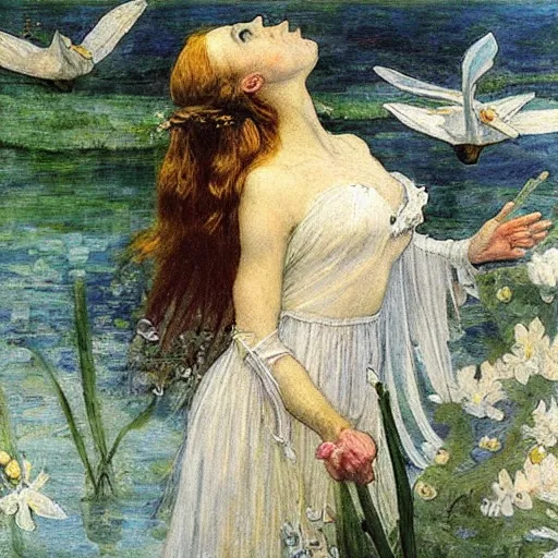 Prompt: winged Ophelia Millais In the lake, in style The Swan Princess Vrubel, by Mikhail Vrubel, oil painting, art gallery, art museum, small details, whole-length