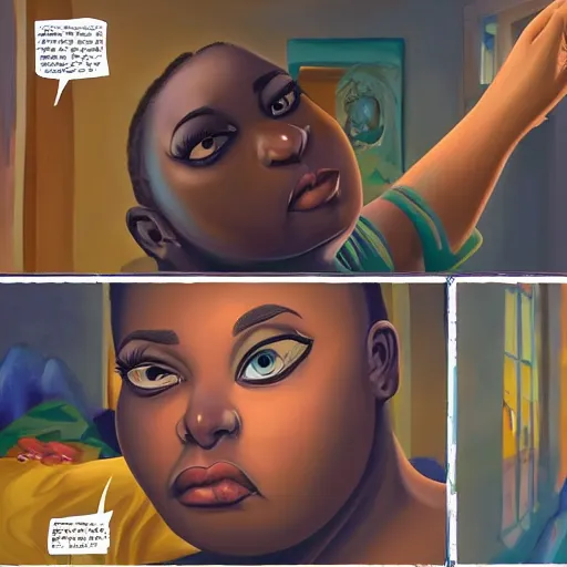 Prompt: stunning, coherent, beautiful painting, still of a giant man destroying a beautiful black bbw woman in her bed , she is taking a selfie of the creepy man is following her, 3d, in the style of pixar, comic book style, 3d, highly detailed, highly detailed, sharp focus, bokeh, depth of field, 16k resolution, Unreal Engine 5, coherent, cinematic lighting, photorealistic, by Zhang Jingna