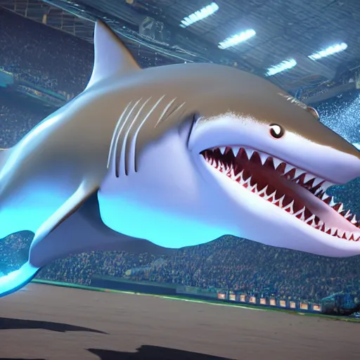 Image similar to Render of a 3D Shark Mascot Costume, with legs and arms, stadium setting, highly detailed, trending on artstation, photorealistic, Unreal Engine 4k