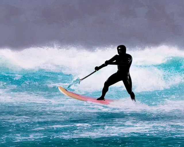 Image similar to single spartan paddling surf - ski through waves, epic award winning action cinematic still from the movie 3 0 0, 8 k, global illumination, detailed face, muscles, rim highlights, hyper realistic, stunning waves, happy vibes