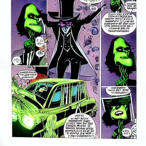 Image similar to tall, skinny, four - armed evil alien voodoo doctor wearing a black neon green tuxedo and top hat, marvel comic book double page