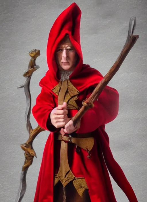 Image similar to middle aged male elf wizard wearing a red robe and holding a staff, trending on artstation, D&D, soft lighting, HD, sharp focus, intricate, masterpiece, concept art, character design