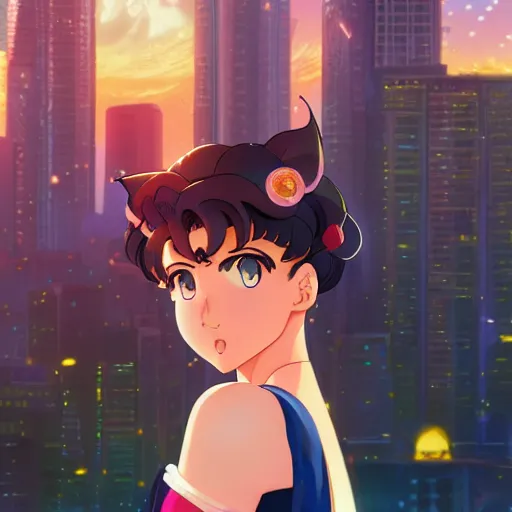 Image similar to portrait of sailor moon, city background, rich vivid colors, ambient lighting, dynamic lighting, 4k, HQ, official media, anime key visual, makoto shinkai, ilya kuvshinov, lois van baarle, rossdraws, detailed, trending on artstation