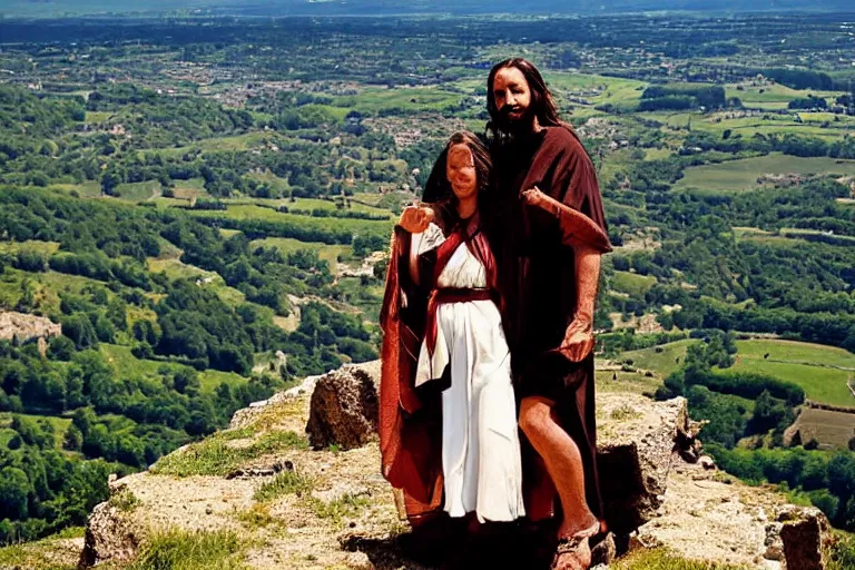 Image similar to selfie from a mobile phone of jesus and mary magdalene standing on a cliff looking over a beautiful landscape in france, rennes - le - chateau, award winning photo, very detailed, very realistic cinematic