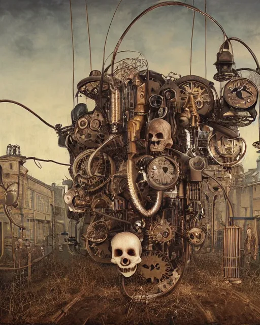 Prompt: beautiful strange detailed painting 8k resolution A steampunk skull with tubes wires and Dieselpunk scene by Paul Delvaux rendered in octane 8k