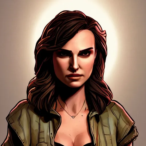 Image similar to natalie portman portrait, borderlands, tales from the borderlands, the wolf among us, comic, cinematic lighting, studio quality, 8 k