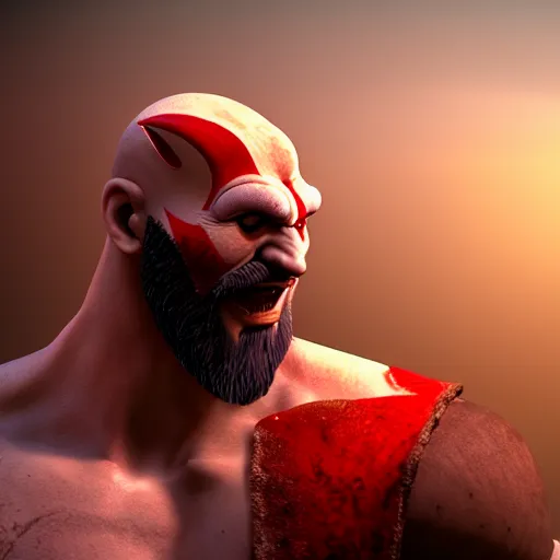 Image similar to Kratos has a chicken head, screenshot, volumetric lighting, high detail, 4k, warm toned gradient background