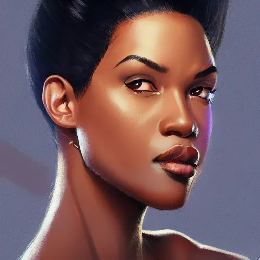 Prompt: confident black female lawyer, superstar litigator, portrait, highly detailed, digital painting, trending on artstation, concept art, sharp focus, illustration, art by artgerm and greg rutkowski and magali villeneuve