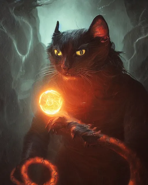 Prompt: oil painting of Anthropomorphized dark Cat Magician casting black magic spell, evil, glowing eyes, sharp focus, fantasy style, octane render, volumetric lighting, 8k high definition, by greg rutkowski, highly detailed, trending on art Station, magic the gathering artwork, very dark steampunk city backround, centered