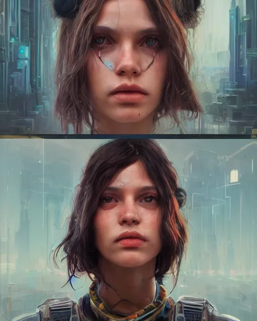 Image similar to portrait of a brunette hippie, but set in the future 2 1 5 0 | highly detailed | very intricate | symmetrical | professional model | cinematic lighting | award - winning | painted by mandy jurgens | pan futurism, dystopian, bold colors, cyberpunk, anime aesthestic | featured on artstation