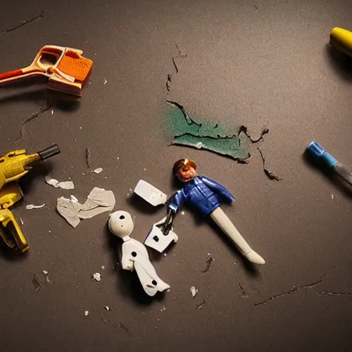 Image similar to a broken toy, crime scene, investigation, evidence, crime photos, night