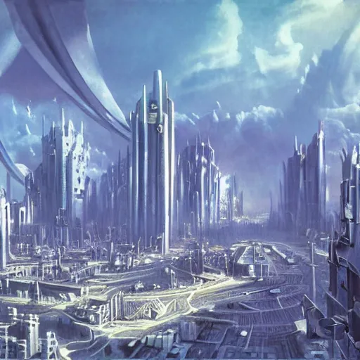 Prompt: terminus city, foundation, asimov, science fiction, cinematic matte painting