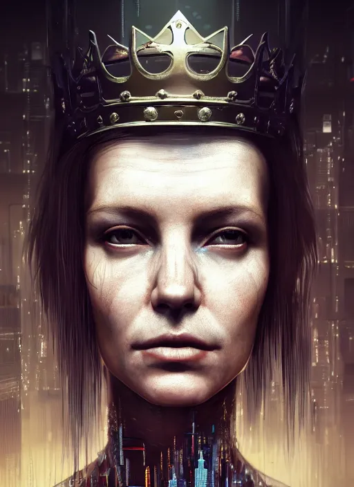 Image similar to 3 / 4 portrait, queen, crown, transparent skin, muscle, bones, veins, nerves, hyperrealism, detailed, photorealistic, cyberpunk apocalyptic city, futuristic, ultra realistic, cinematic, intricate, cinematic light, unreal engine 8 k, octane render, unreal engine by charlie bowater, david kostic, stanley lau, artgerm