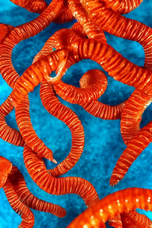 Image similar to high quality close-up photo translucent biomechanic worms! gorgeous orange dots highly detailed hannah yata elson peter cinematic turquoise lighting high quality low angle hd 8k sharp shallow depth of field