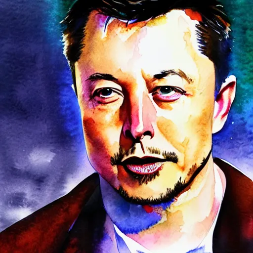 Image similar to highly detailed watercolor painting of Elon Musk, trending on artstation,
