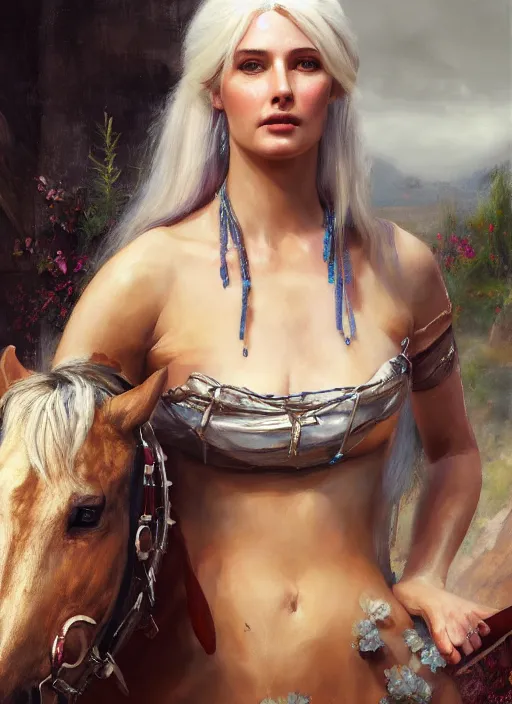 Image similar to painting of lady godiva with ciri from the witcher. by Daniel F. Gerhartz, hyperrealistic oil painting, 4k, very detailed faces, studio lightning