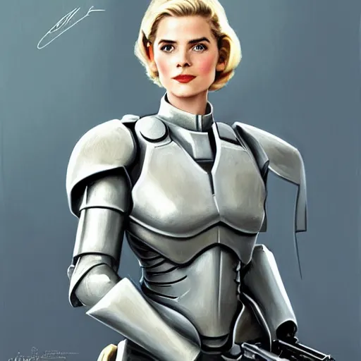 Image similar to A combination of Grace Kelly's and Emma Watson's and Ashley Greene's appearances with blonde hair wearing Master Chief's armor, full body portrait, western, D&D, fantasy, intricate, elegant, highly detailed, digital painting, artstation, concept art, matte, sharp focus, illustration, art by Donato Giancola and James Gurney