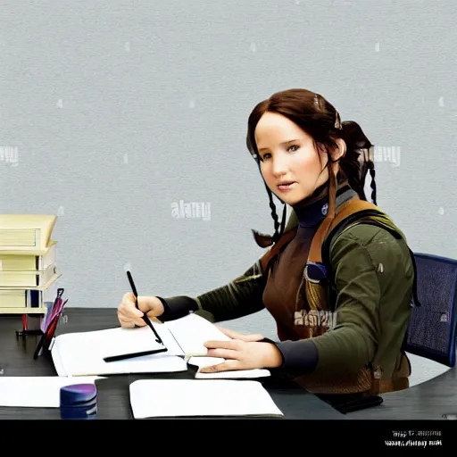 Image similar to Katniss Everdeen as a student, in an exam hall, sitting at a desk, doing her A-Level exams, stock photo