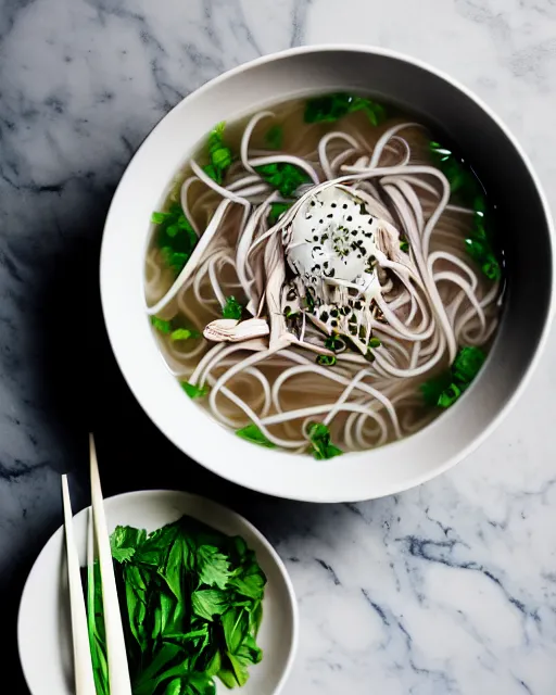 Prompt: realistic photo of delicious pho, bowl, white kitchen table, marble, highly detailed, by louise lister, sara ali, mary devinat, kailee mandel, masterpiece, award winning, food photography
