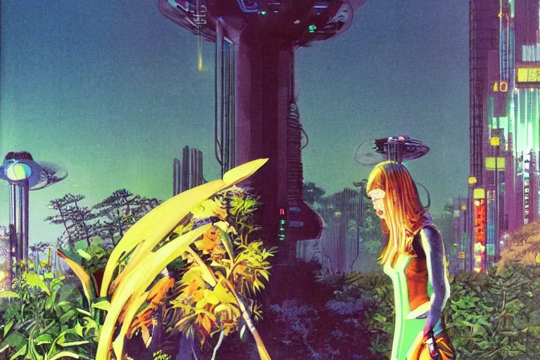 Image similar to 1979 OMNI Magazine Cover of a nature Druid elf At a Garden park in Neo-Tokyo in cyberpunk style by Vincent Di Fate