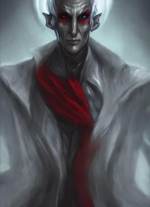 Prompt: A fantasy comic book style portrait painting of a slender grey elf with red eyes as a Sorcerer in a atmospheric dark fortress, unreal 5, DAZ, hyperrealistic, octane render, RPG portrait, ambient light, dynamic lighting