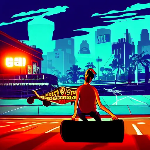 Image similar to skate in ocean. pop punk art, gta liberty city stories style art, no duplicate image, glowing lights, ultra details, digital painting, artstation, concept art, smooth, sharp focus, krita illustration, intricate, art by richard hamilton and mimmo rottela, pixels art by kirokaze and paul robertson - h 7 6 8