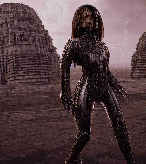 Image similar to tarkovsky greatest scene, stalket, the ancient destroyed majestic tower of babylon, woman in a gantz suit, futuristic cyber clothing, transparent puffer jacket, hyperrealistic, blockchain, cyber world, ambient lighting, concept art, intricate sky, hyper detailed, smooth, dynamic volumetric lighting, octane, ray trace, cinematic, high quality, cgsociety