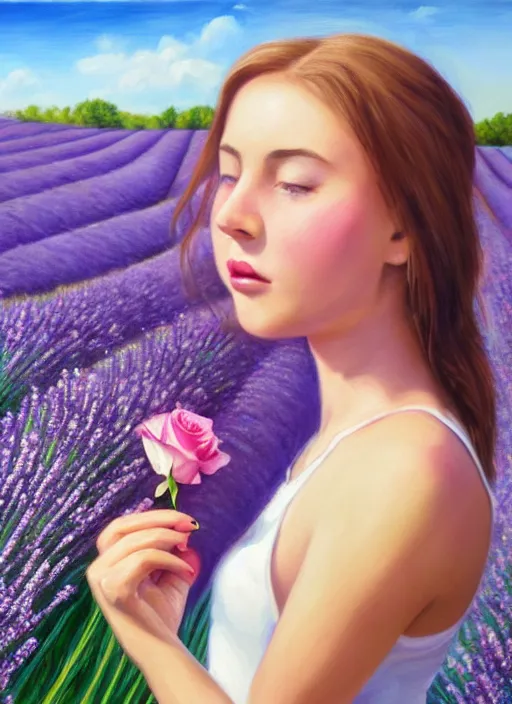 Image similar to girl eating a rose in a lavender field. by AquaSixio, hyperrealistic oil painting, 4k, very detailed faces