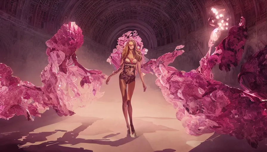 Image similar to victoria secret runway show, light, shadows, reflections, flowers, epic composition, intricate, elegant, volumetric lighting, digital painting, highly detailed, artstation, sharp focus, illustration, concept art, artgerm and mina petrovic and timothy kong and marina federovna, ruan jia, steve mccurry,