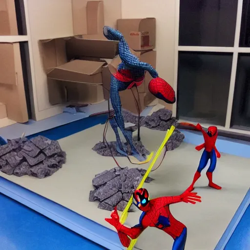 Prompt: a photo of a stopmotion animation filming set of spiderman