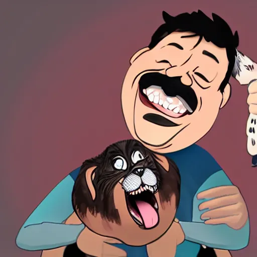 Image similar to a caricature of Markiplier laughing happily as he pets his dog.