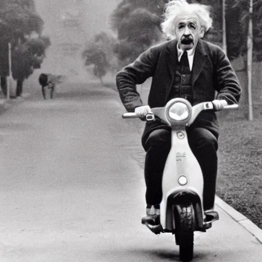 Prompt: Albert Einstein rides an electric scooter with his tongue out, moody, beautiful composition