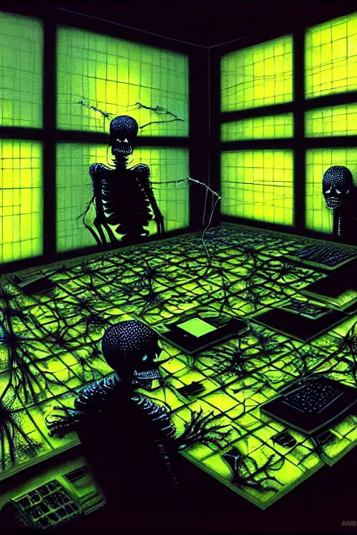 Image similar to a hyperrealistic painting of a a cubical office nightmare, glowing computer screens, skeletons covered in cobwebs, fax machine, cinematic horror by chris cunningham, lisa frank, richard corben, highly detailed, vivid color, beksinski painting, part by adrian ghenie and gerhard richter. art by takato yamamoto. masterpiece