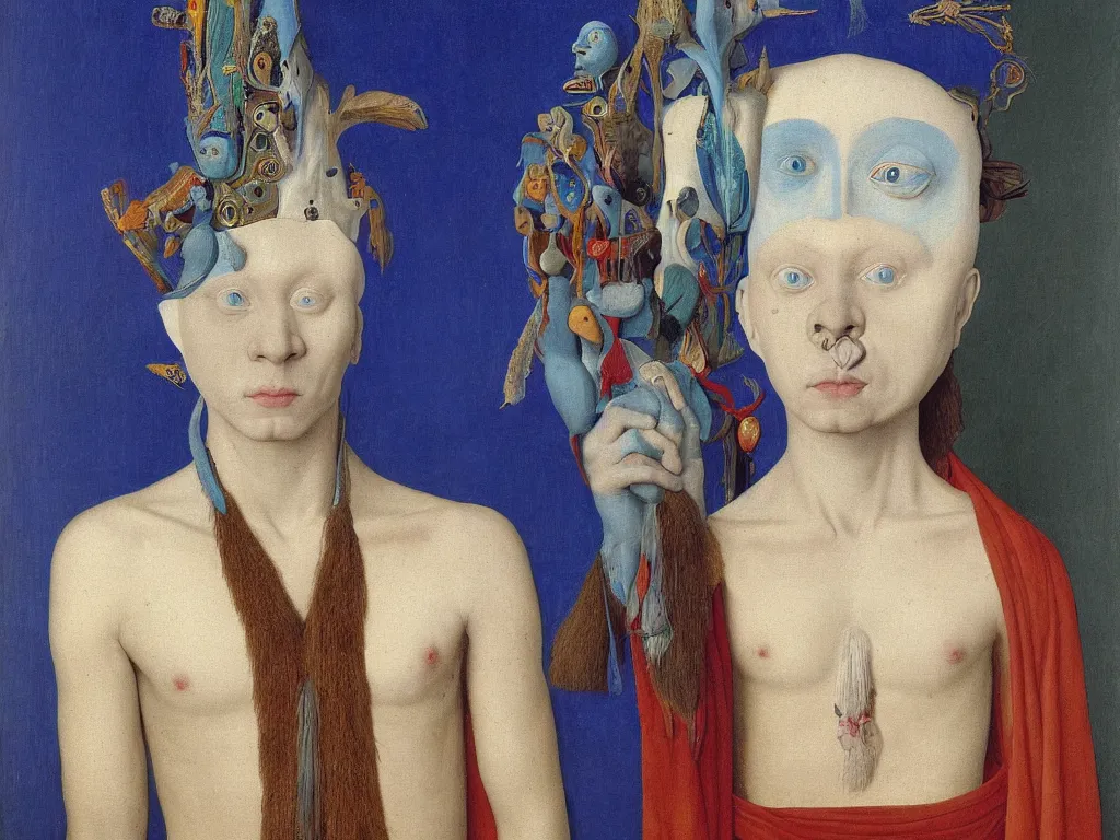 Image similar to Portrait of albino mystic with blue eyes, with totemic archaic mask made from lapis lazuli. Painting by Jan van Eyck, Audubon, Rene Magritte, Agnes Pelton, Max Ernst, Walton Ford